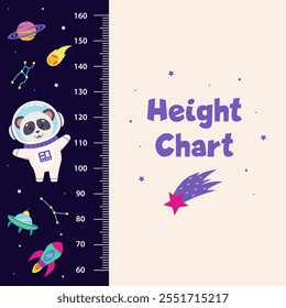 Space height chart for children with space elements and animal astronaut panda.