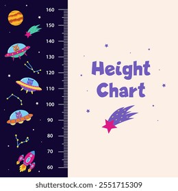 Space height chart for children with space elements and aliens astronaus.