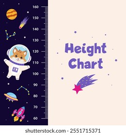 Space height chart for children with space elements and animal astronaut fox.