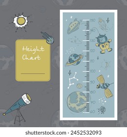 Space height chart with planets and astronauts for nursery. Cosmic adventure kids ruler. Cute stadiometer for baby room. Various hand drawn funny ufo and spaceships. vector illustration