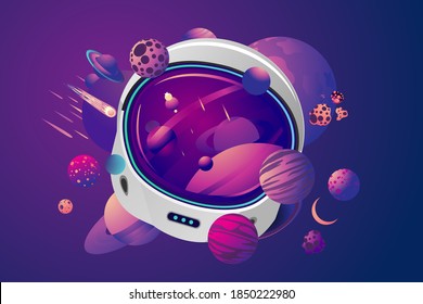 Space helmet on isolated background. Astronaut spacesuit with space on reflection. Pilot mask vector clip art