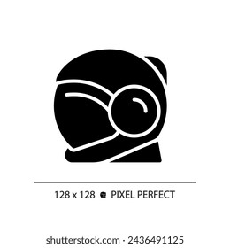 Space helmet pixel perfect black glyph icon. Mars mission. Astronaut training. Space tourism. Safety equipment. Silhouette symbol on white space. Solid pictogram. Vector isolated illustration