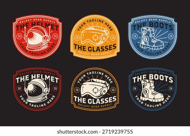 capacete de espaço, óculos de proteção, botas táticas, equipamento de ficção científica, equipamento espacial retro crachá rústico patch logo design set for aventura, galáxia, equipamento, exterior, tecnologia, jogos. ilustração vetorial