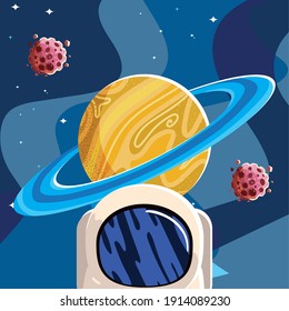 Weltraumhelm Sättigte Planet-Asteroiden-Galaxie-System, solare Vektorgrafik