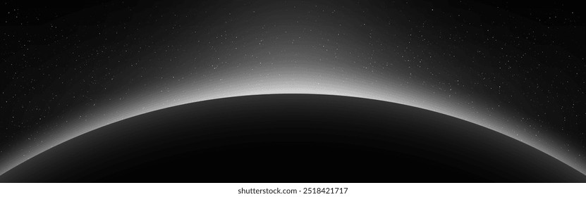 Space horizon. Planet eclipse with glowing. Sunrise earth wallpaper. Wide cosmos background with bright stars and beams. Realistic solar ring on dark backdrop. Vector illustration.