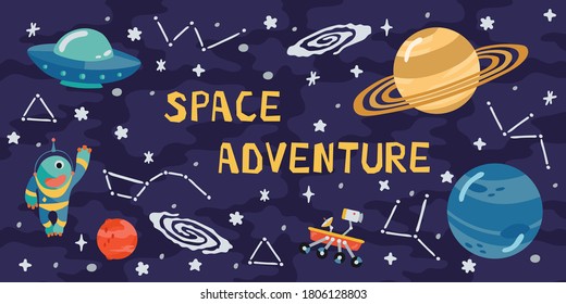 Space horizontal background with rocket, planets, cosmonaut and copy space for your text in cartoon style. Concept banner with the solar system for your design. Vector llustration