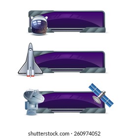 Space horizontal banner set with astronaut helmet rocket satellite isolated vector illustration