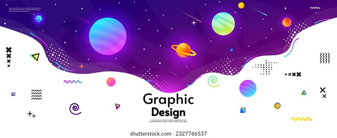 Space horizontal banner. Vector illustration. Background with cosmos scenes.  Design for wallpaper, background.
