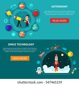 Space horizontal banners set with astronomy symbols flat isolated vector illustration 