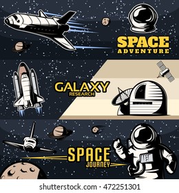 Horizontale Banner mit wissenschaftlicher Ausrüstung für kosmische Galaxieschiffe für Reisen einzelne Vektorgrafik