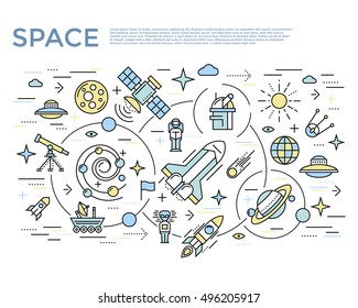 Space horizontal concept with isolated icon set about cosmos theme and attributes vector illustration
