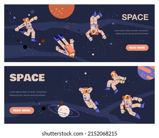 Space horizontal flyers collection with astronauts at starry background, flat cartoon vector illustration. Cosmos exploration and space adventure banners set.