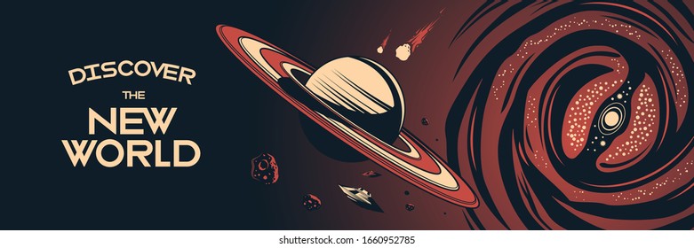 Space horizontal poster with cosmos bodies flying in universe and text discover the new world  abstract vector illustration 