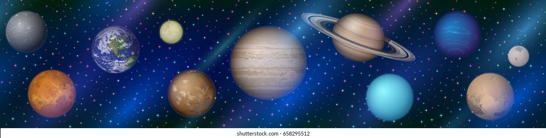 Space Horizontal Seamless Background with Solar System Planets Earth, Moon, Mercury, Venus, Mars, Jupiter, Saturn, Uranus, Neptune, Pluto and Charon. Elements Furnished by NASA. Eps10 Vector