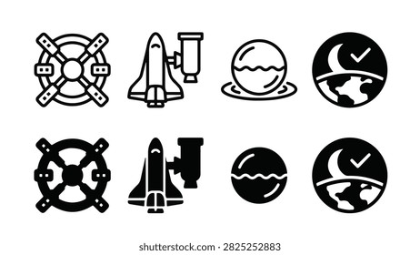 Space Hotel Line and Solid Icon Pack For Dashboard | orbital station, space shuttle, zero gravity, lunar - Modern UI and Editable Vector Icon Set.