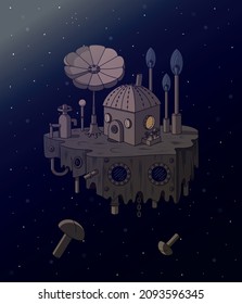Weltraumhaus. Abstraktion. Haus auf einem Asteroiden. Vektorgrafik.