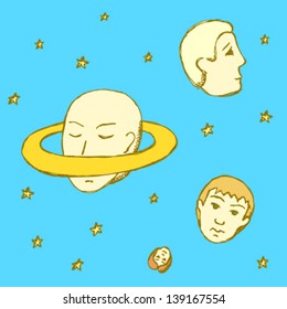 Space with human heads in place of planet, vector space illustration