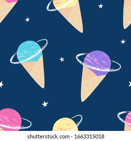 Space Ice Cream Seamless Pattern. Sweet Vector Illustration For Print On Packaging, Fabric, Textile, Wallpaper.