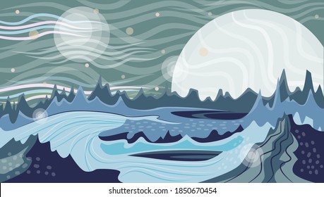 Space ice landscape. Far planets. Fantasy place.