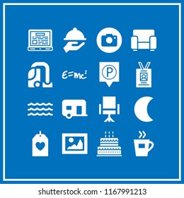 space icon. 16 space vector set. coffee cup, tray, id card and picture icons for web and design about space theme