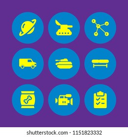 space icon. 9 space set with atom, bench, snack and van black side view vector icons for web and mobile app
