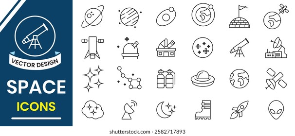 Space icon, Astronomy line icon set. Space icons, vector set. Outline of Sun, galaxy, earth, moon, space planet, rocket astronaut, satellite, astronaut, robot, alien minimal vector illustrations. 