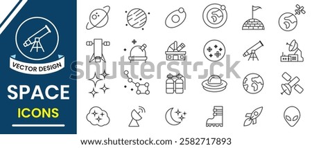 Space icon, Astronomy line icon set. Space icons, vector set. Outline of Sun, galaxy, earth, moon, space planet, rocket astronaut, satellite, astronaut, robot, alien minimal vector illustrations. 