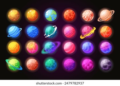 Space icon cartoon gloving planets. Galaxy elements, Earth and moon, universe different planets. Game sticker set, element gradient, color star, purple design. Vector UI fantasy cosmos garish sky