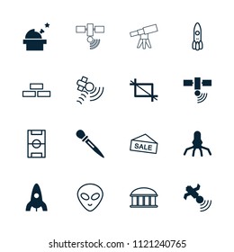 Space icon. collection of 16 space filled and outline icons such as rocket, satellite, crop, brick wall, observatory, alien head. editable space icons for web and mobile.