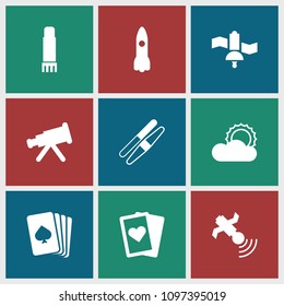 Space icon. collection of 9 space filled icons such as sawing, pllaying card, telescope, playing card, satellite, sun, glue pen. editable space icons for web and mobile.