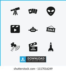 Space icon. collection of 9 space filled icons such as alien head, movie clapper, satellite, rocket, sale, playing card, telescope. editable space icons for web and mobile.
