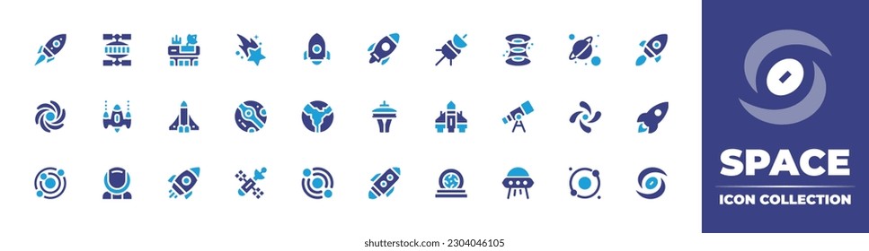 Space icon collection. Duotone color. Vector illustration. Containing  rocket, space station, shooting star, probe, wormhole, planets, black hole, invaders, space shuttle, mars, global.