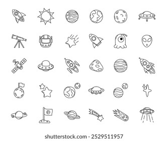 Space Icon Collection, Space Elements in Doodle style suitable for application to various designs such as posters, social media templates, web, applications and others.