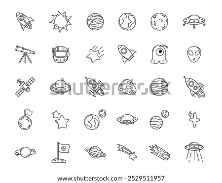 Space Icon Collection, Space Elements in Doodle style suitable for application to various designs such as posters, social media templates, web, applications and others.