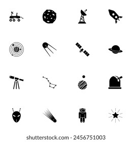 Espacio icono - Expandir a cualquier tamaño - Cambiar a cualquier color. Vector plano perfecto contiene tales iconos como galaxia, órbita, cohete, observatorio, astronauta, cometa, satélite, globo, telescopio, asteroide, planeta