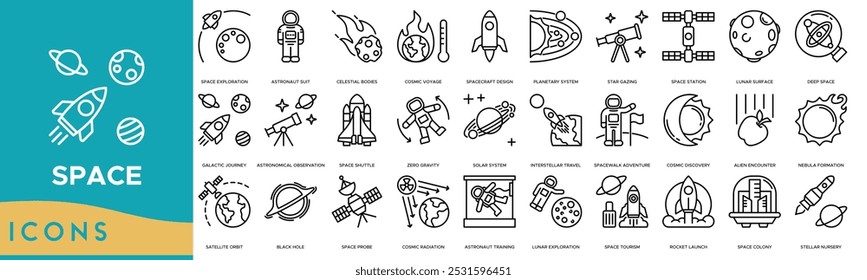 Space icon. Space Exploration, Astronaut Suit, Celestial Bodies, Cosmic Voyage and Spacecraft Design