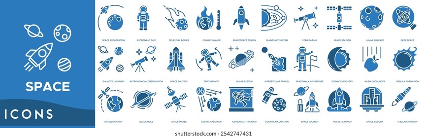 Icono de espacio. Exploración espacial, traje de astronauta, cuerpos celestes, viaje cósmico y diseño de naves espaciales