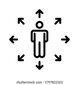 ้Free space icon. Human with arrows pointing out from center. Line vector. Isolate on white background.