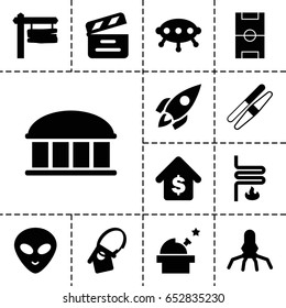 Space icon. set of 13 filled spaceicons such as observatory, sawing, alien head, direction board, movie clapper, buying a house, home key tag, heating system, football pitch