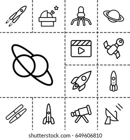 Space icon. set of 13 outline space icons such as sawing, movie clapper, rocket, satellite, telescope, planet and satellite, observatory