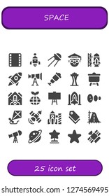  space icon set. 25 filled space icons. Simple modern icons about  - Film strip, Rocket, Sputnik, Scientist, Rocket ship launch, Startup, Telescope, Spyglass, Space needle, Canvas