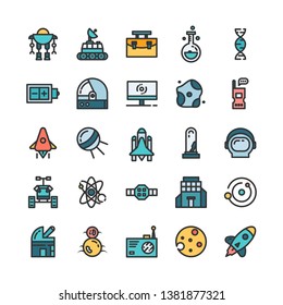 Space icon set. Set of 25 Filled Outline style icons such as rocket, satelite, and space. Suitable for research, science, and technology theme - Vector Illustration