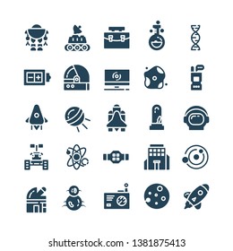 Space icon set. Set of 25 Glyph  style icons such as rocket, satelite, and space. Suitable for research, science, and technology theme - Vector Illustration