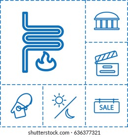 Space icon. set of 6 space outline icons such as observatory, movie clapper, sale tag, home key tag, heating system