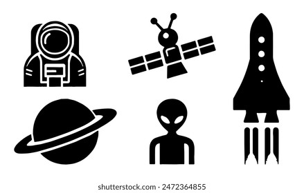 Space Icon Set: Astronaut, Alien, Spacecraft, Planet, Satellite, Cosmic Exploration, Flat Vector Illustration