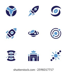 Space icon set. Bold style. Duotone colors. rocket, planet, wormhole, astronomy, space center, solar system, global, vortex.