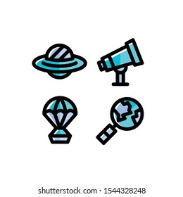 Space icon set with Space Capsule, UFO, Discovery & Telescope, Vector illustrations.