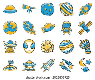 space icon set in cartoon style