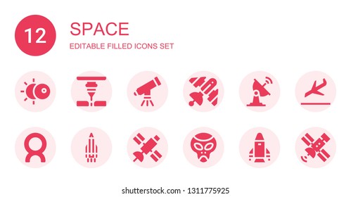 space icon set. Collection of 12 filled space icons included Eclipse, Laser, Telescope, Satellite, Satellite dish, Comet, Rocket, Alien, Landing