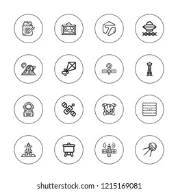 Space icon set. collection of 16 outline space icons with ancient aliens, astronaut, canvas, dishes, kite, planet, satellite, shopping list, space needle, sputnik icons.